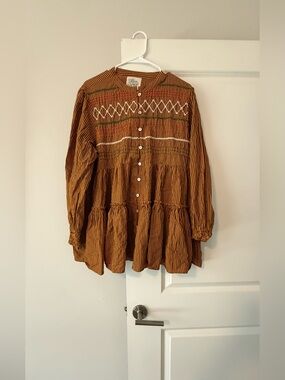Lily Star Rust-Striped Tiered Button-Down Tunic